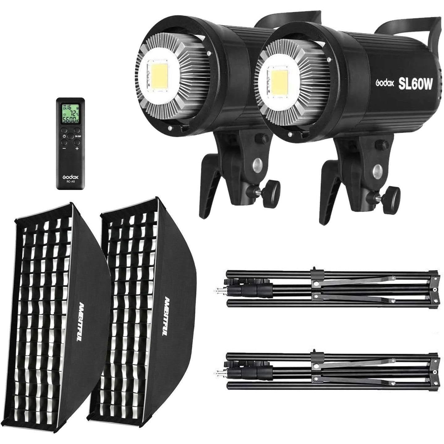 GODOX SL-60W LED Video Light Kit - 2x 60W Lights with Softbox, Stand, Grid, Remote Control - Massive Discounts