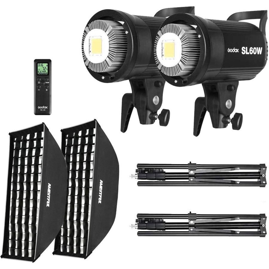GODOX SL-60W LED Video Light Kit - 2x 60W Lights with Softbox, Stand, Grid, Remote Control - Massive Discounts