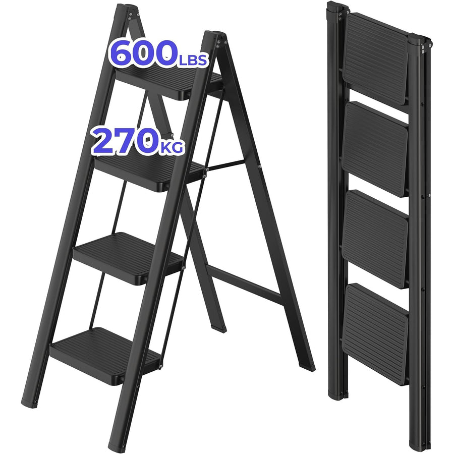 A black JOISCOPE folding ladder with anti-slip treads and a slip mat on the bottom. The ladder has four steps and is shown in both folded and unfolded positions to show scale and usage.