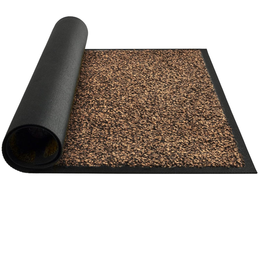 A heavy duty brown and black non-slip door mat with a rolled-up part visible on the side, designed for indoor or outdoor use.