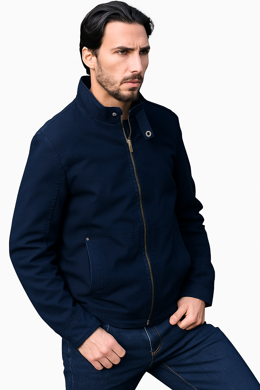 Man wearing a navy blue jacket on a white background