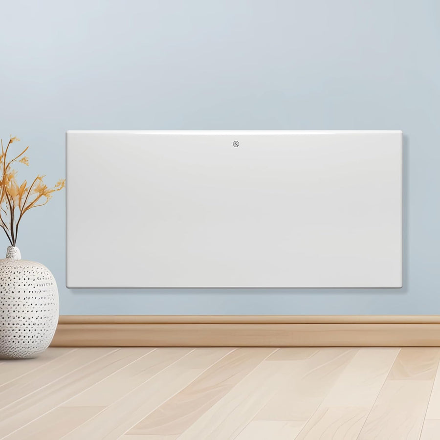 White wall-mounted panel on a light blue wall with a vase and plant decoration.