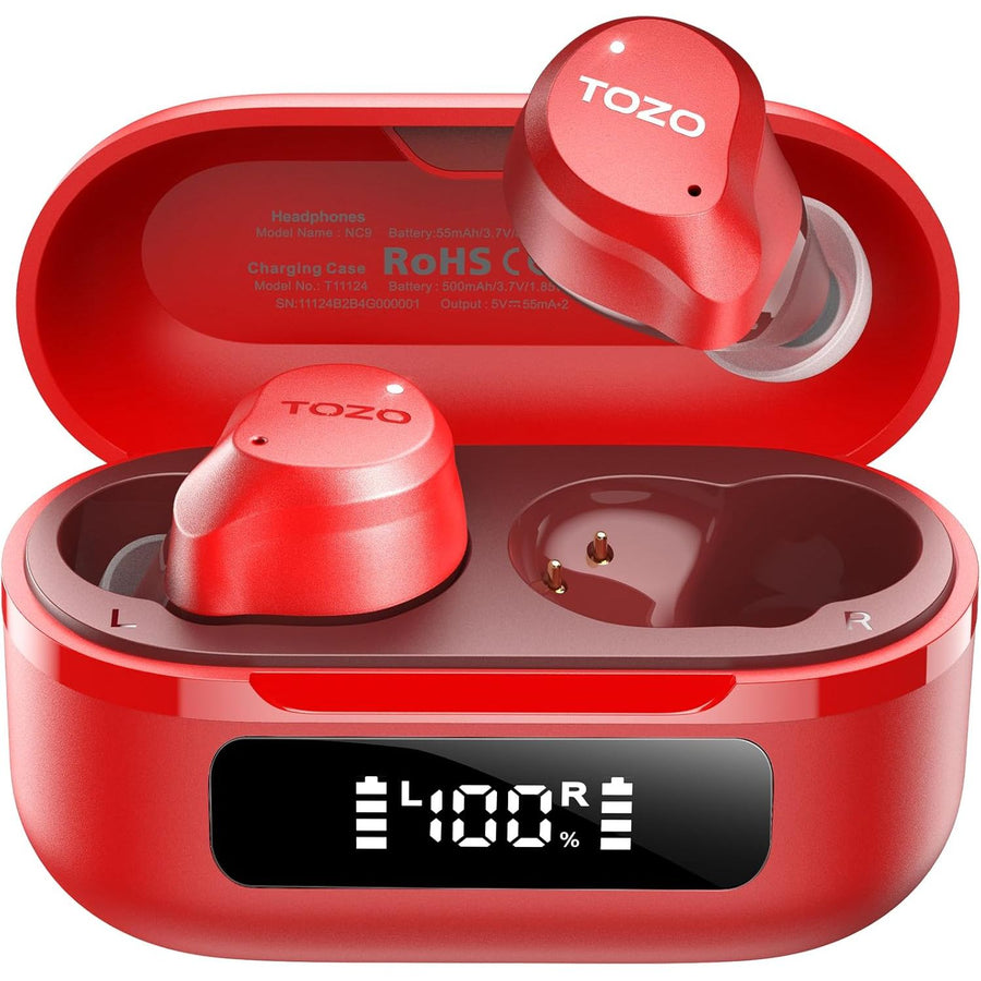 Red wireless earbuds in a charging case with TOZO branding on a white background