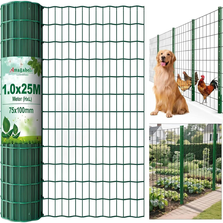Green wire fence with packaging and images of a dog and chickens.