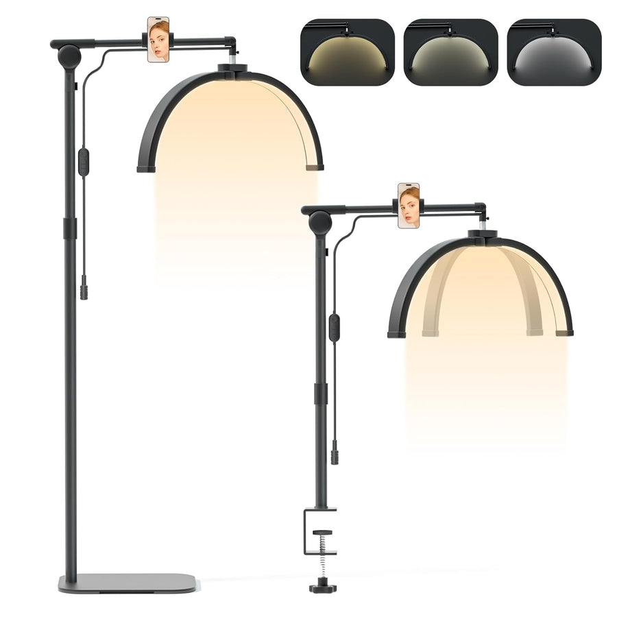 A 2-in-1 foldable lash light with adjustable brightness and three lighting modes, featuring a phone holder. The image shows the device in different configurations with illustrations of the cold, natural, and warm light modes.