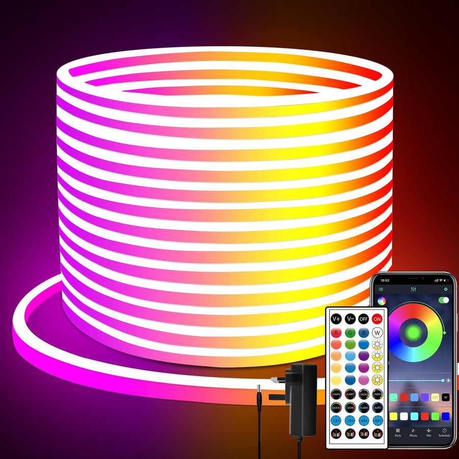 Colorful LED strip light with remote control and smartphone app on a dark background