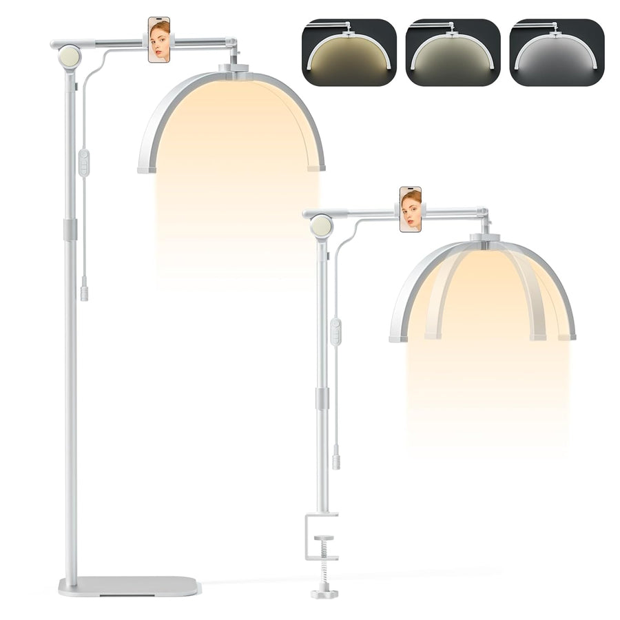 An illustration showing a 2-in-1 Lash Light with adjustable brightness and foldable design, displaying three lighting modes.