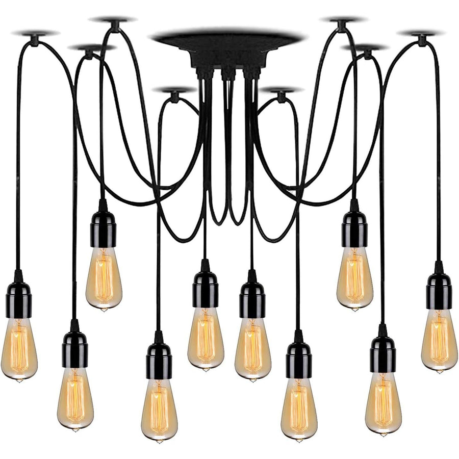 Vintage-style pendant light fixture with multiple hanging bulbs on a white background