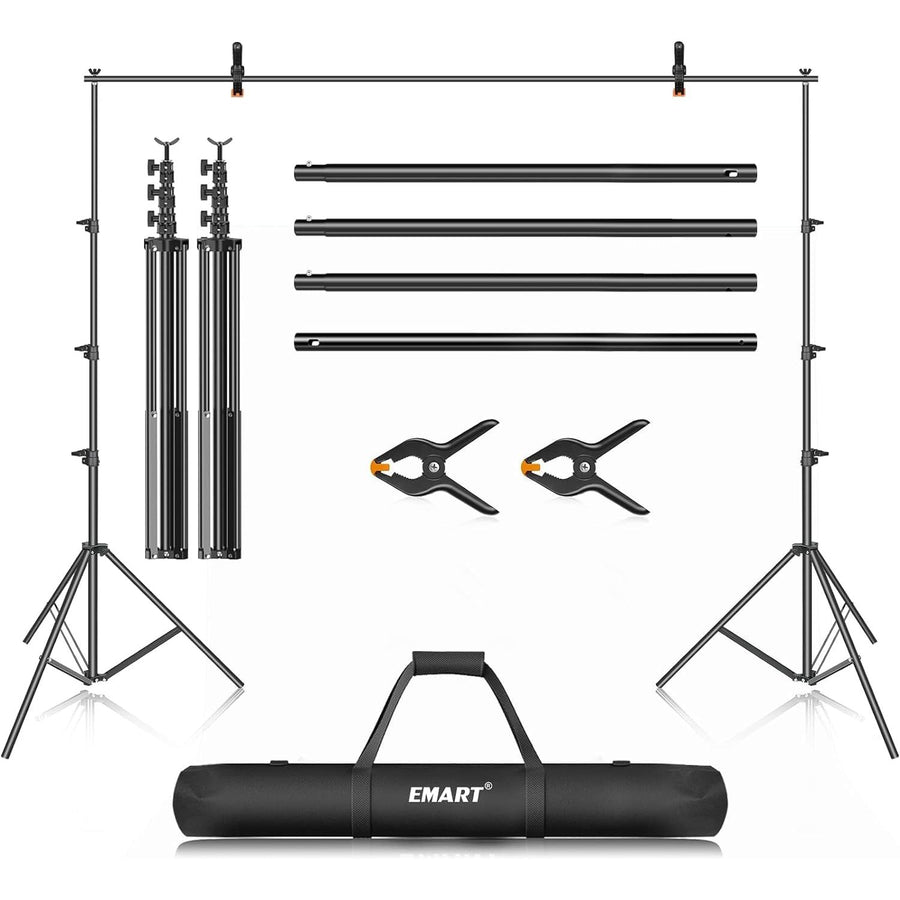 Photography studio light stand set with clamps and carrying bag on a white background