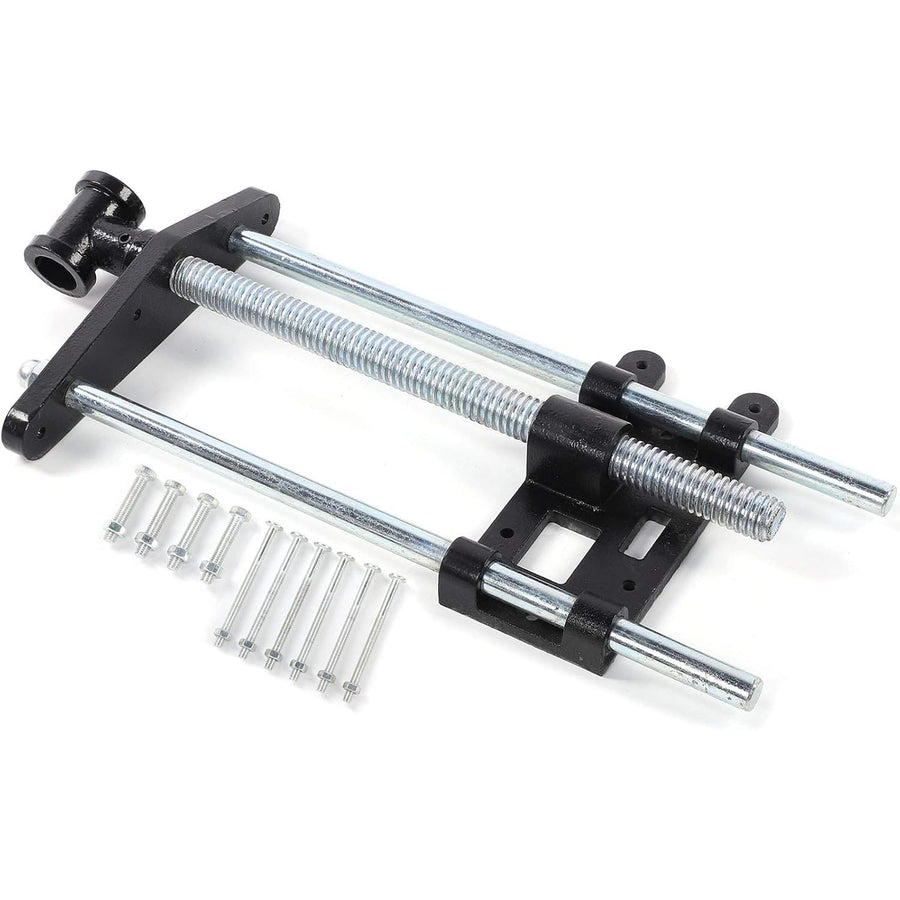 Metal tool with threaded rod and screws on a white background
