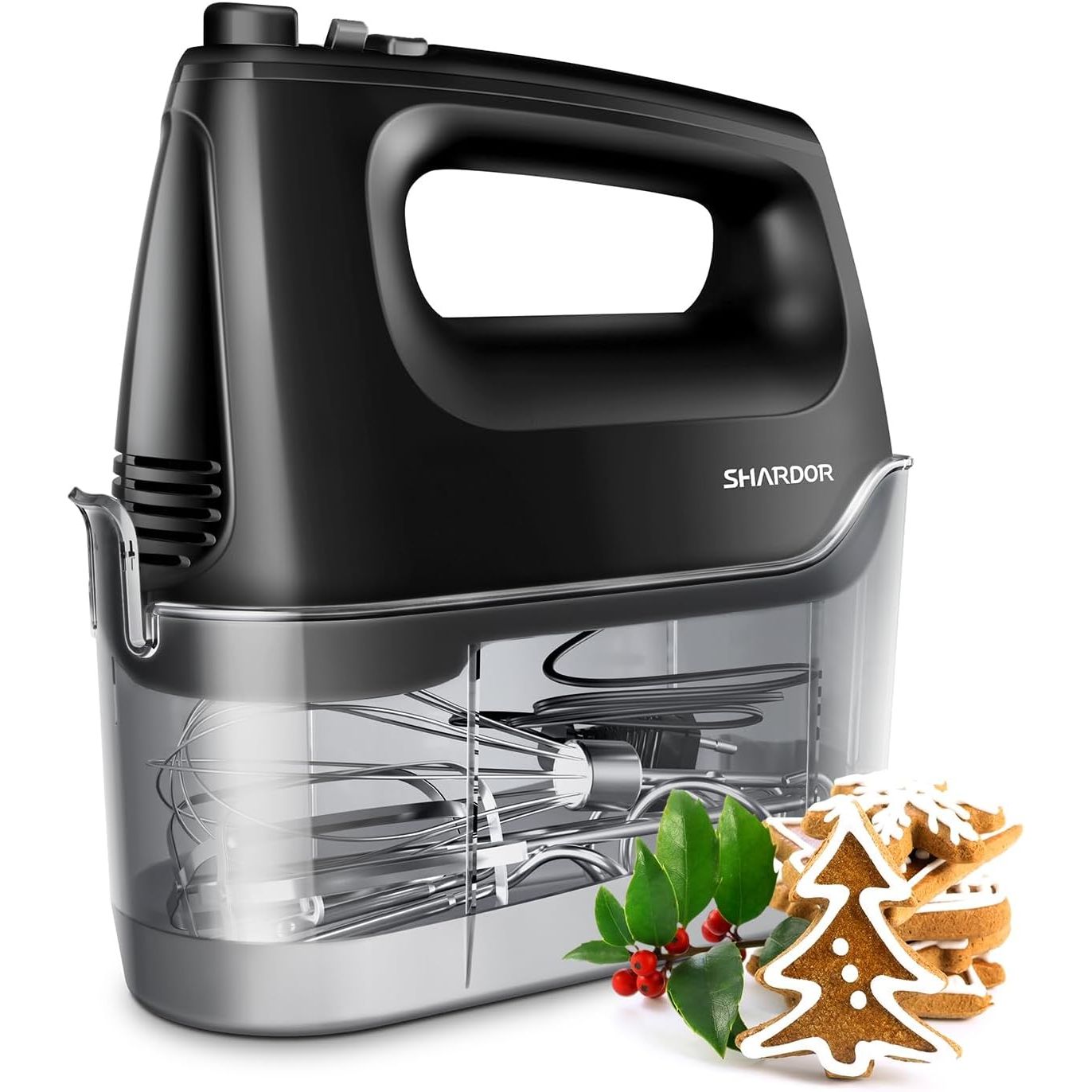 Black hand mixer with clear container on a white background, featuring a gingerbread cookie and holly.