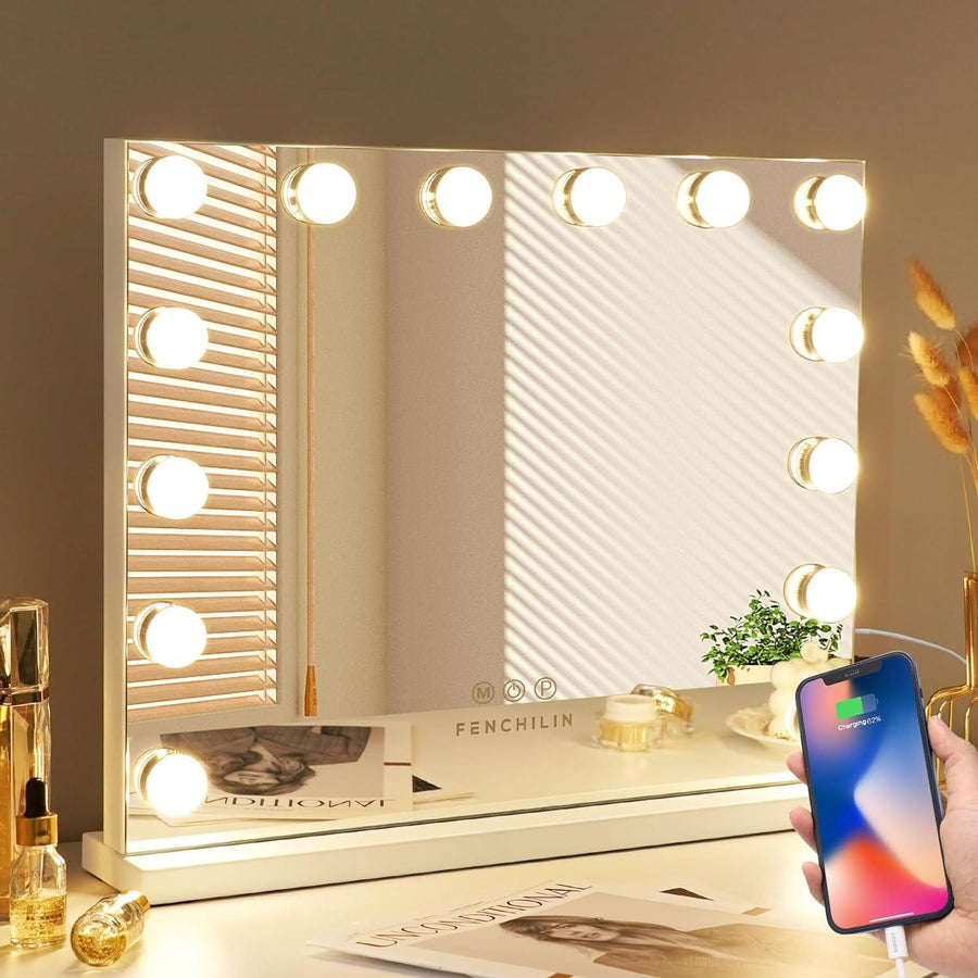 A dimmable LED makeup mirror with a USB charging port, showing three different light color modes and being used by a person taking the picture.