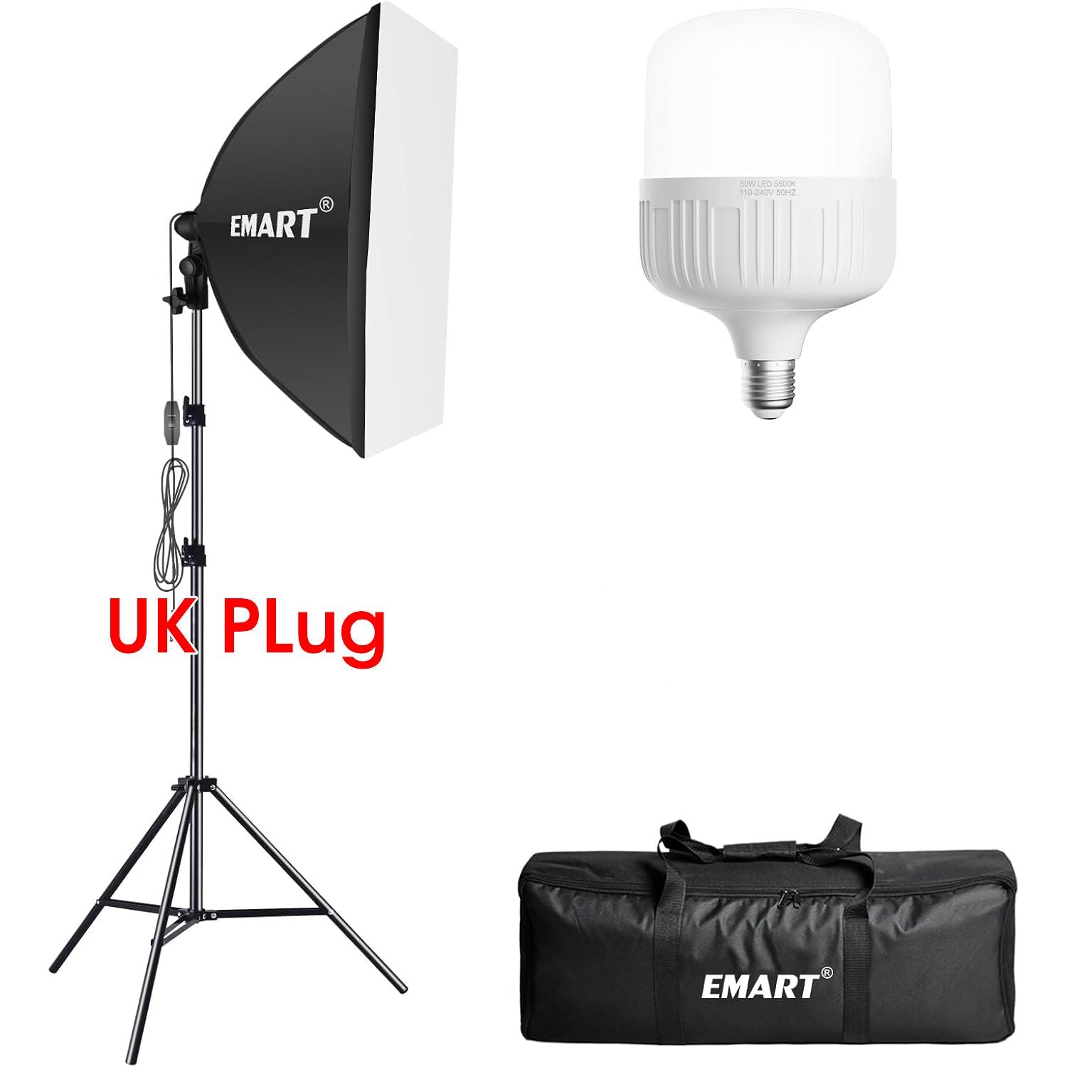 EMART branded softbox lighting kit including a 20''x28'' studio softbox on a stand with a UK plug, a 50W LED bulb, and a carrying bag.