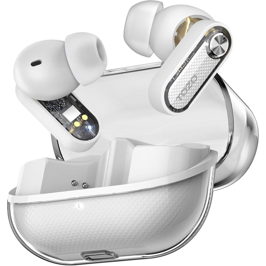 White wireless earbuds with charging case on a white background