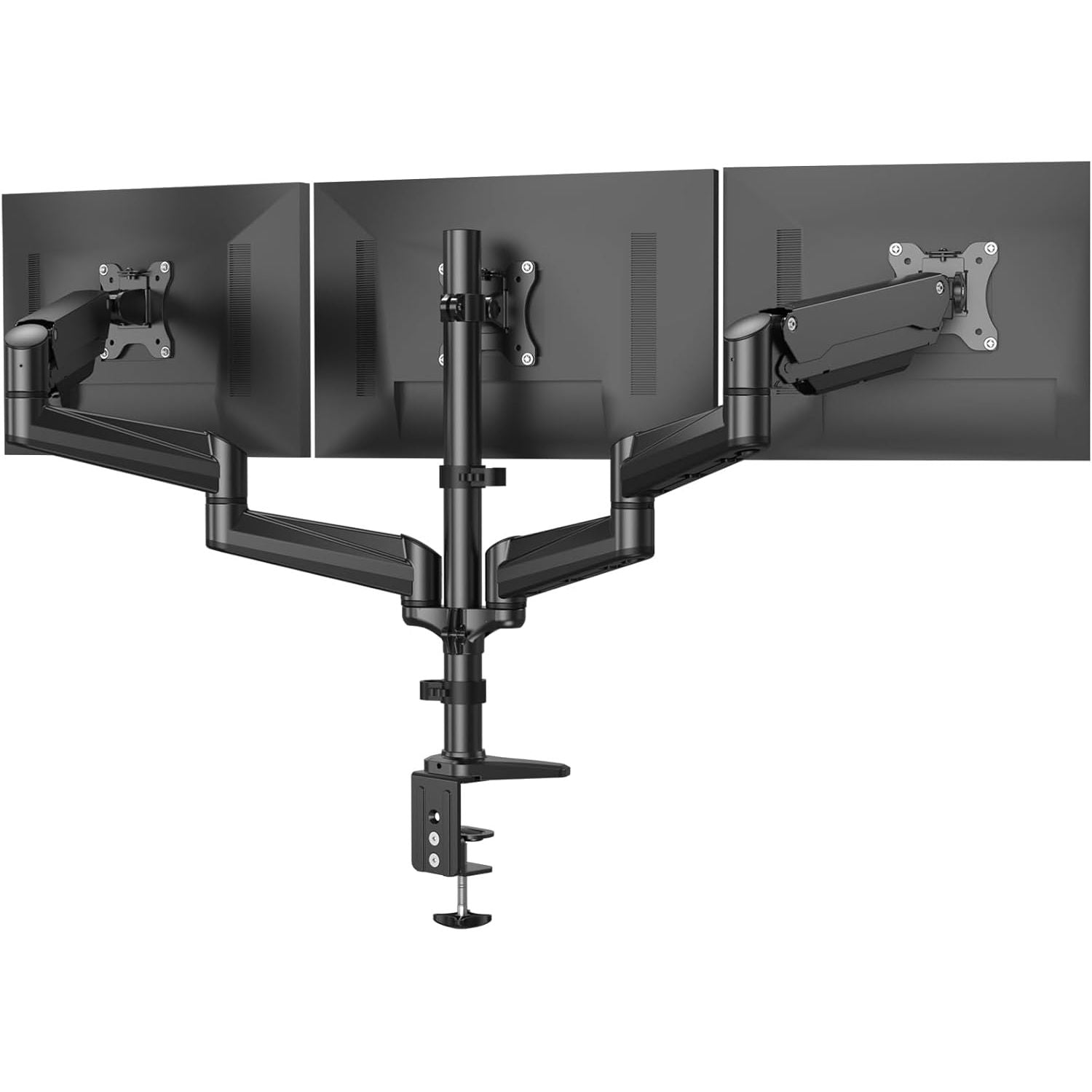 Adjustable triple monitor stand with a black finish, designed to mount three computer monitors on a desk.