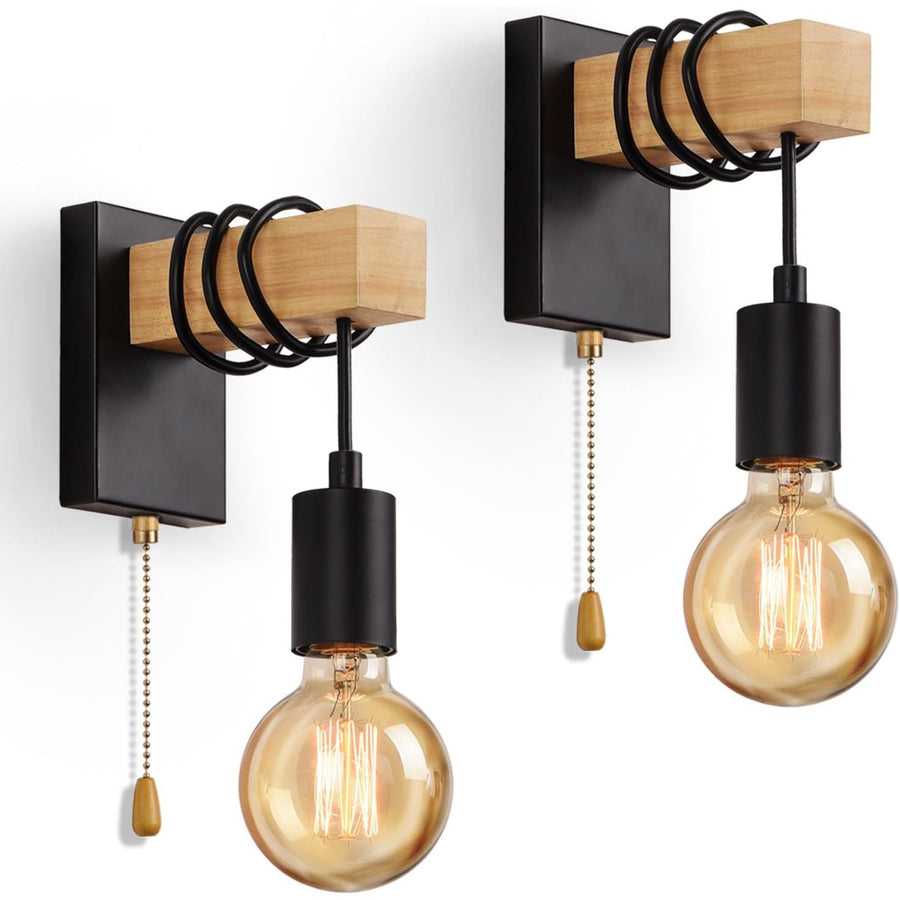 Two wall-mounted light fixtures with wooden accents and exposed bulbs on a white background.