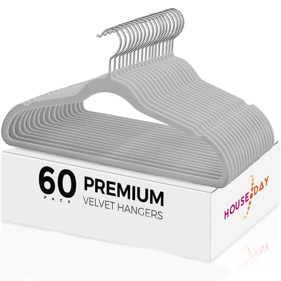 HOUSE DAY 60-Pack Grey Velvet Hangers, Non-Slip, Space-Saving, 360° Rotating - Massive Discounts