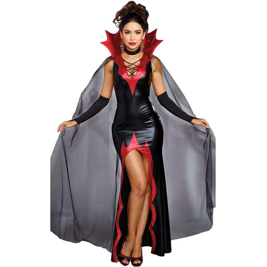 Woman in a black and red costume with a gray cape on a white background