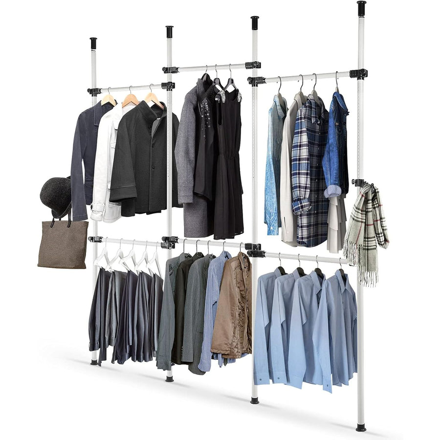 Clothing rack with various clothes on a white background