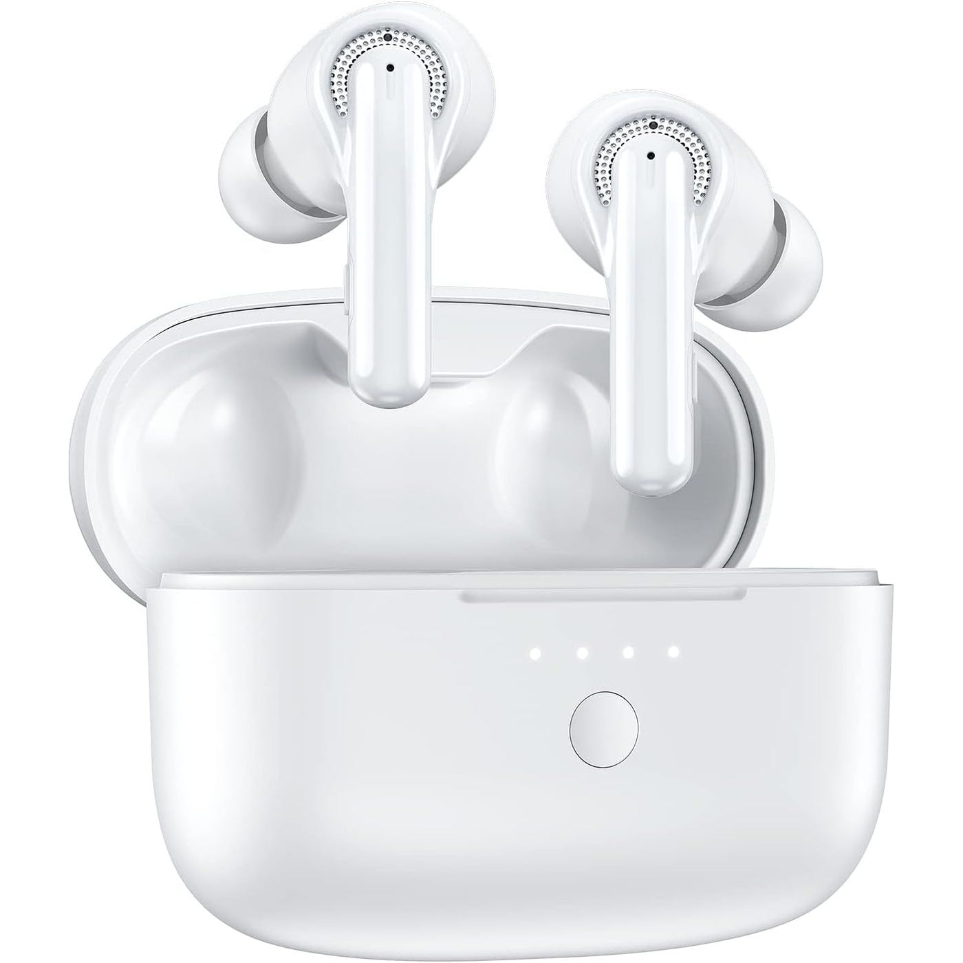 A pair of white Tribit FlyBuds C1 wireless earbuds in an open charging case.