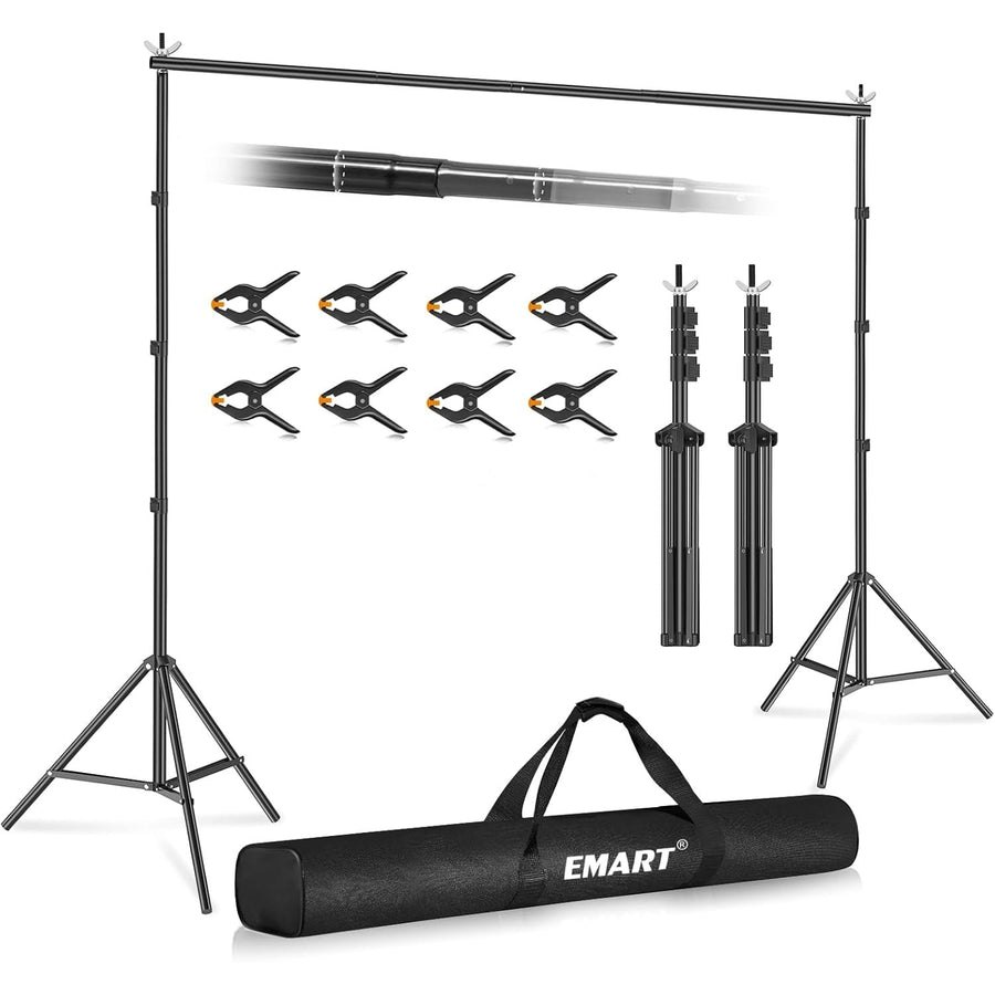 Photography studio equipment set with background stand, light stands, clamps, and carrying bag on a white background.