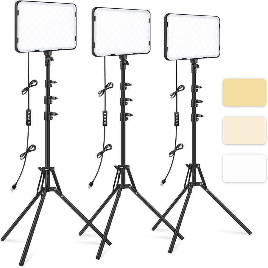 Three LED light panels on stands with color swatches on a white background