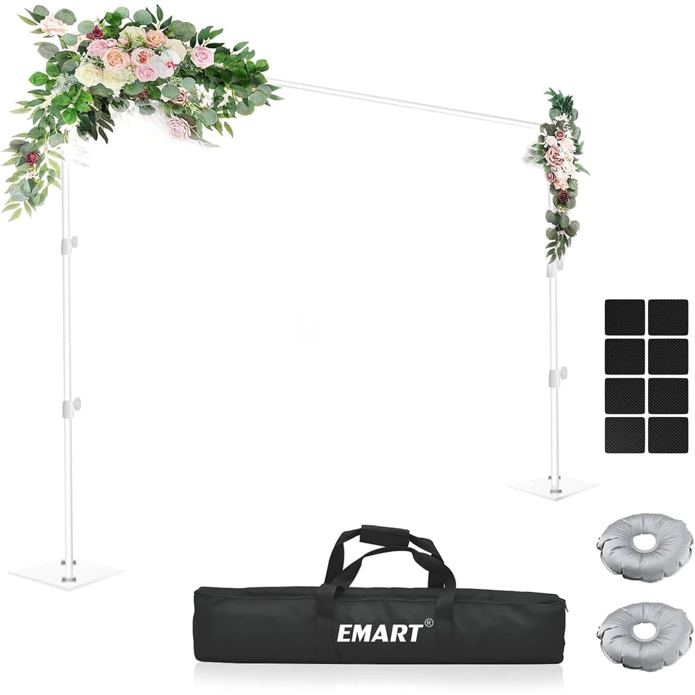 EMART heavy duty backdrop stand with a steel base, adjustable height, and white crossbar, accompanied by a carrying bag and shown with decorative flowers and lights attached.