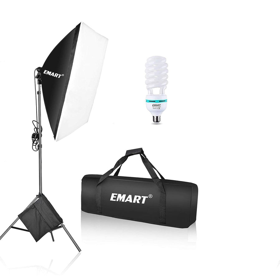 EMART photography studio light kit with softbox, bulb, and carrying bag on a white background