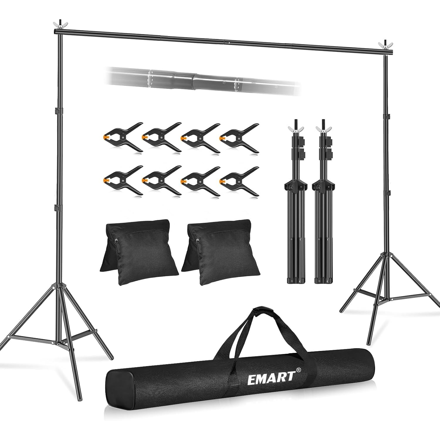 Photography studio equipment set with background stand, light stands, clamps, and carrying bag on a white background.