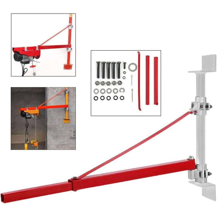 Red mechanical arm with attachments and tools on a white background