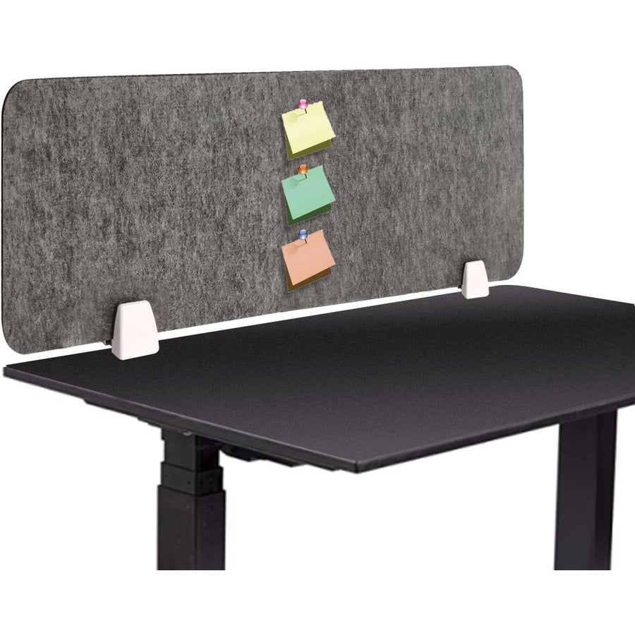 Black desk with a gray felt screen and colorful sticky notes on a white background