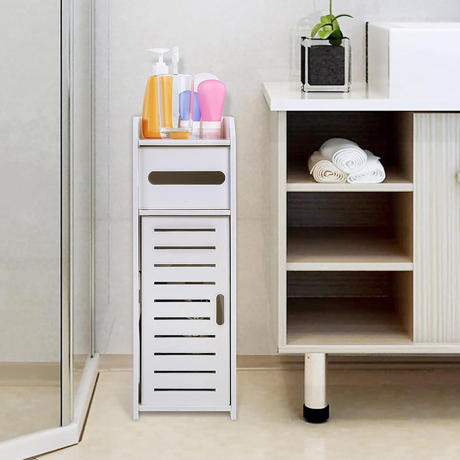 White narrow cabinet next to a larger wooden cabinet with bathroom items on shelves.
