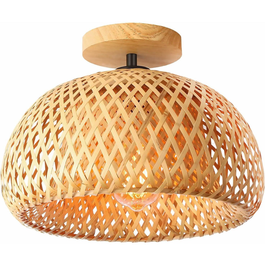 Schindora Boho Bamboo Ceiling Light – Handmade Rattan Flush Fixture
