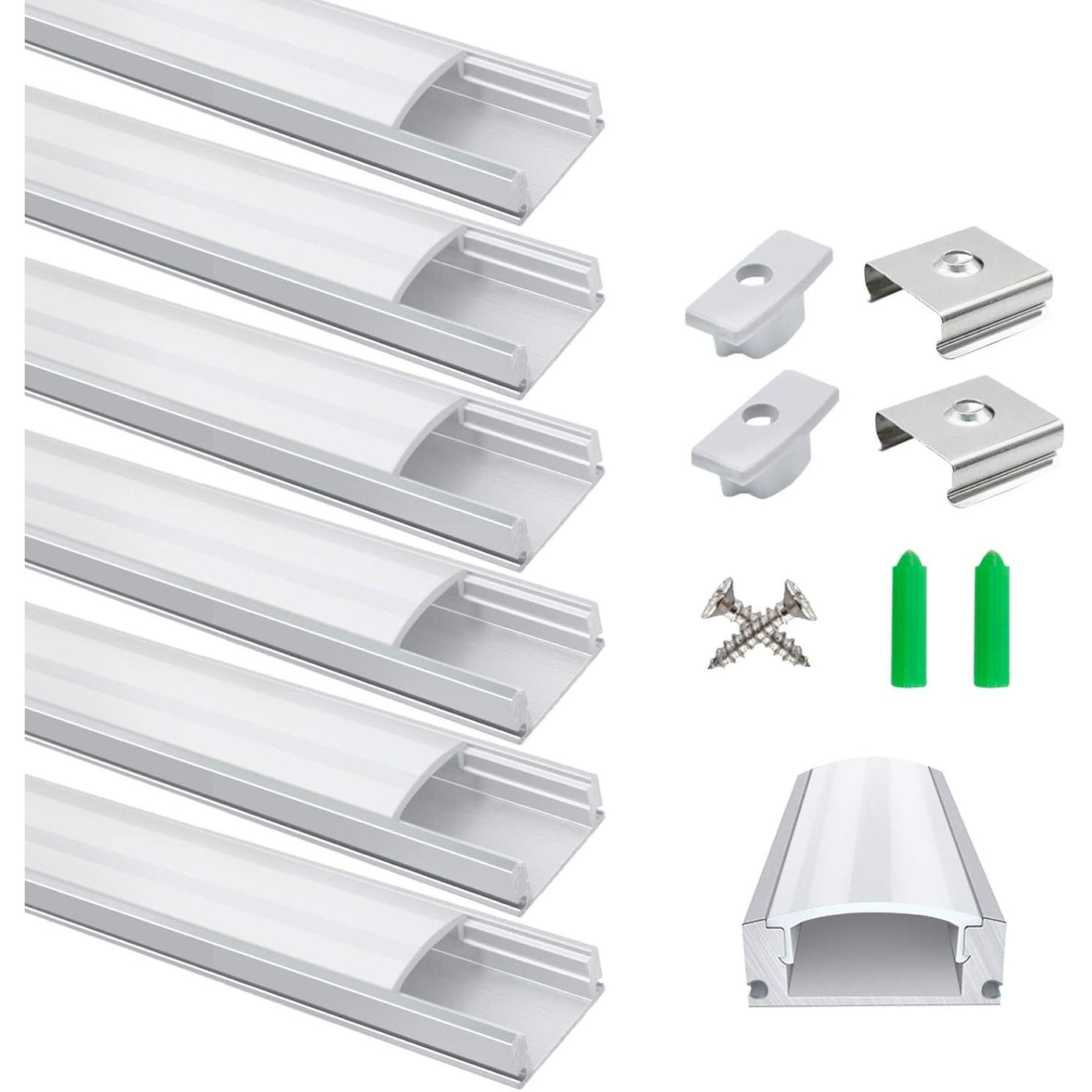LightingWill LED Aluminum Channel 6-Pack, 3.3ft U-Shape, Silver with Accessories
