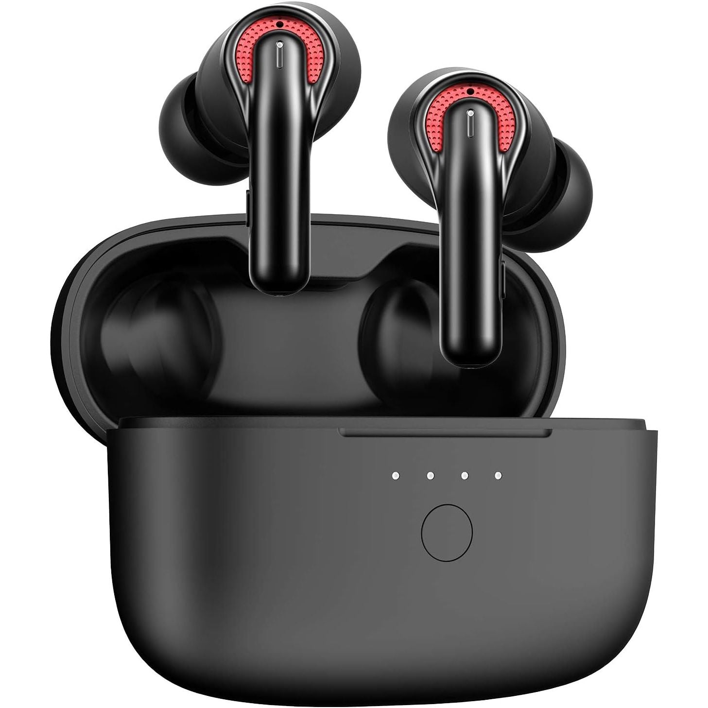 A pair of white Tribit FlyBuds C1 wireless earbuds in an open charging case.