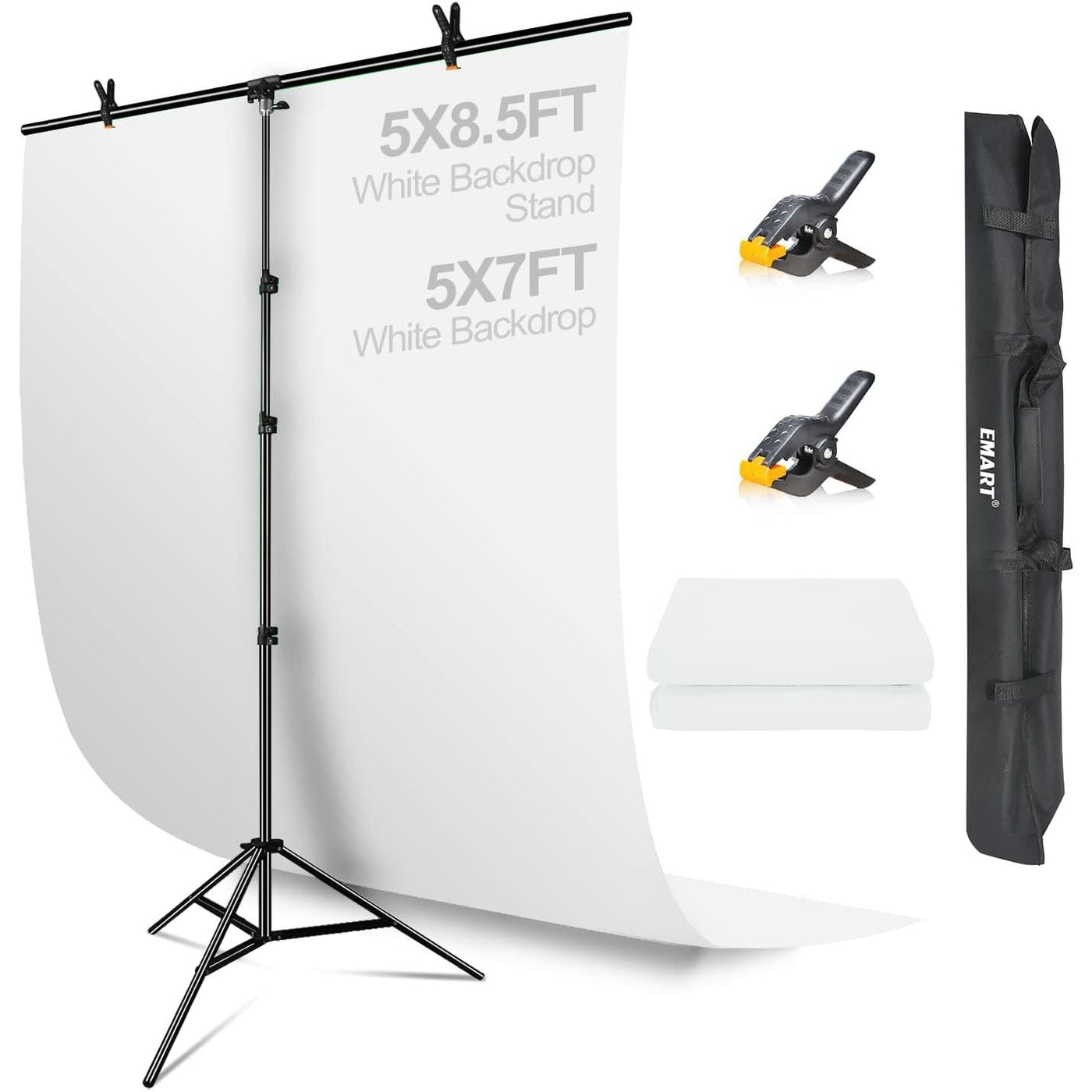 Emart 1.5x2m White Background with 1.5x2.6m T-Stand, Photo & Video Studio Kit