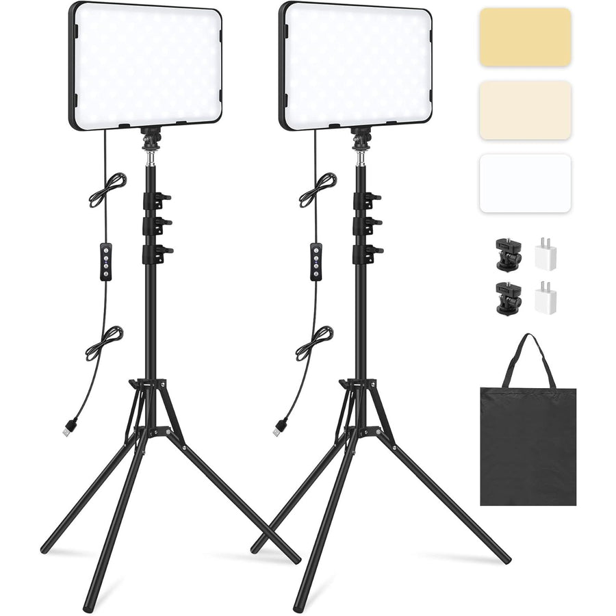 Two LED video lights with stands and accessories on a white background