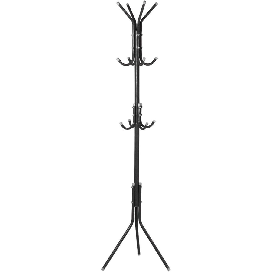 Black metal coat stand with multiple hooks on a white background