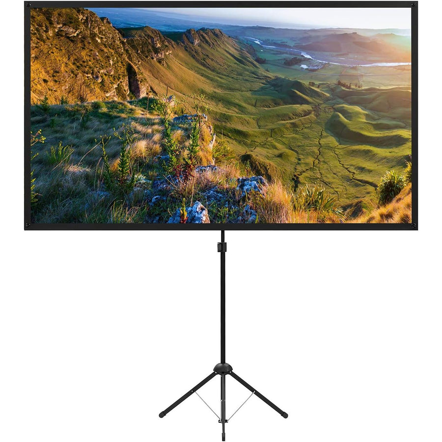 An 80'' portable projector screen with a tripod stand, displaying an image of a scenic landscape.