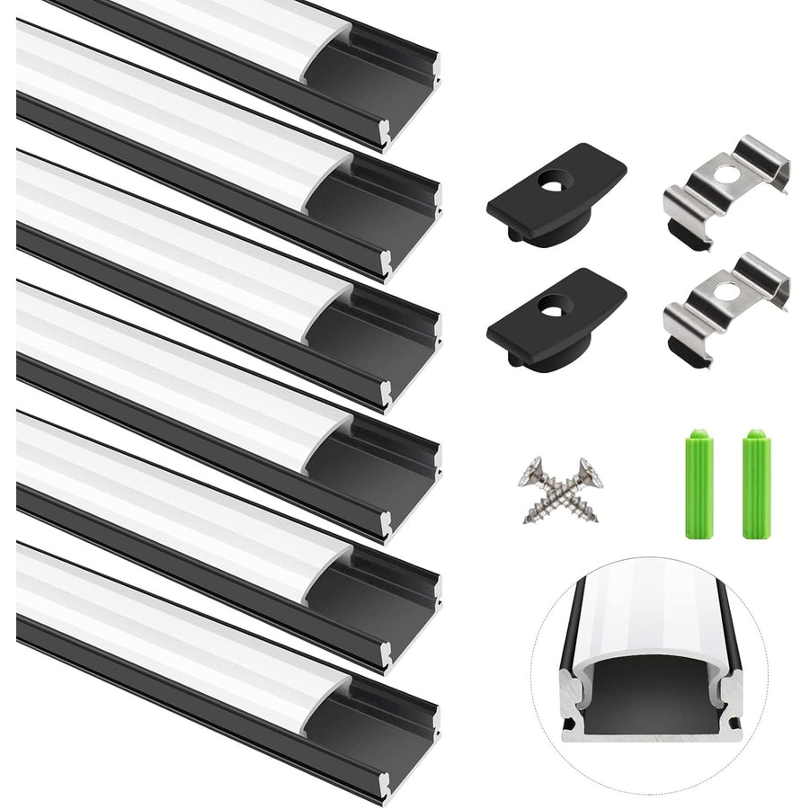 LightingWill 6-Pack LED Aluminum Channel, 3.3ft U-Shape, Black with Accessories