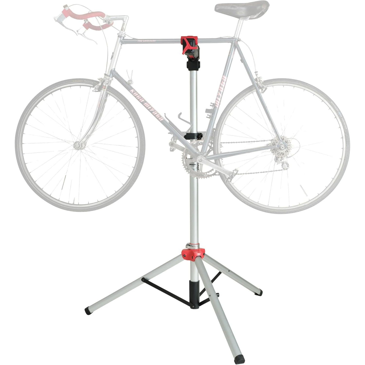 Adjustable metal bike repair stand with a white and silver color scheme, holding a bicycle.