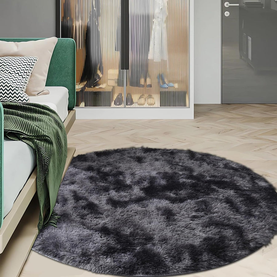 ConCus-T Grey Round Shag Rug, Fluffy Faux Fur Carpet, 120cm, Dark Grey - Massive Discounts