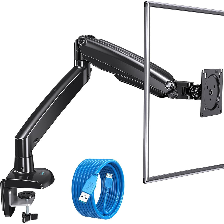 Black adjustable monitor arm with a blue cable on a white background