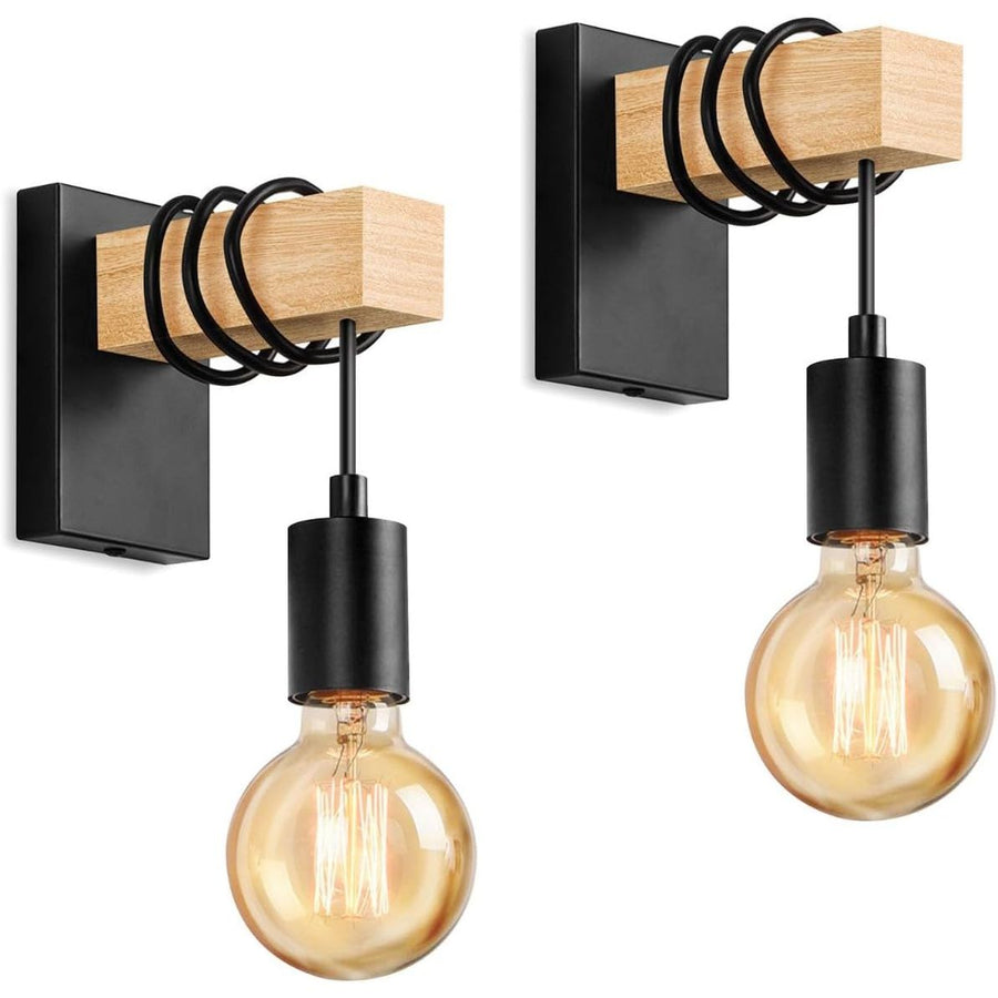 Two wall-mounted lights with wooden and black design on a white background