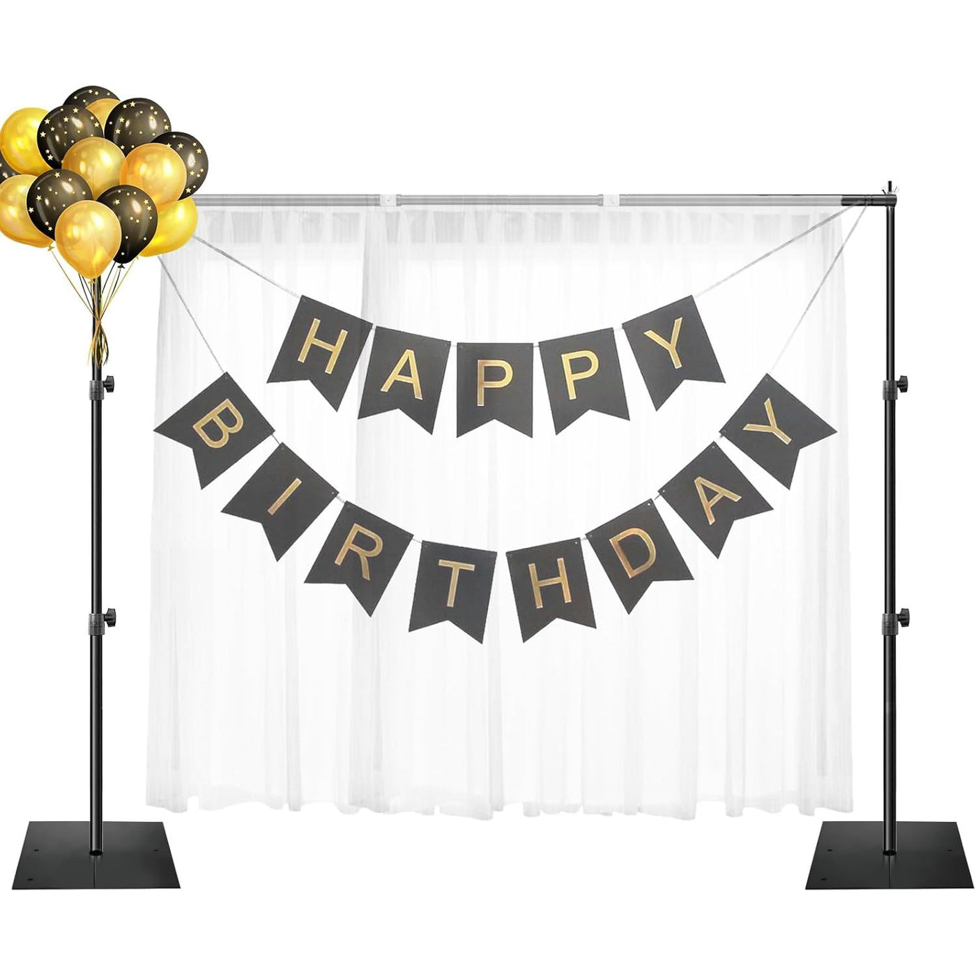Adjustable heavy duty backdrop stand with a steel base and crossbar, used as a support for a birthday banner and balloons.