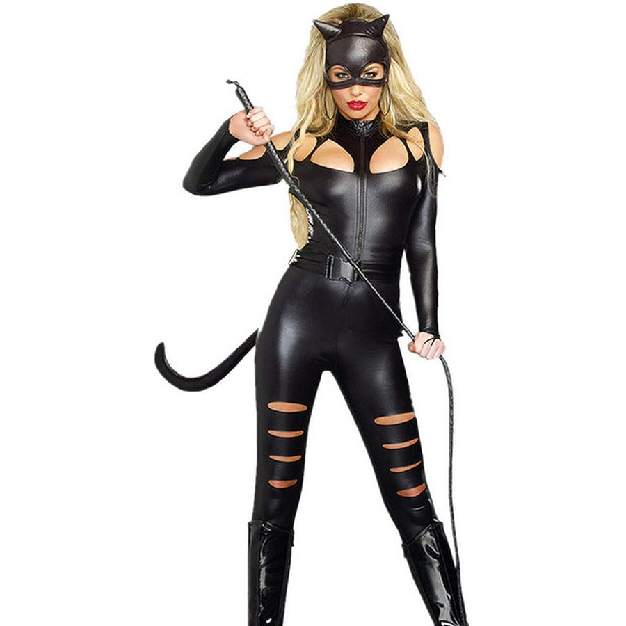 Person wearing a black cat-themed costume with a mask, tail, and whip on a white background
