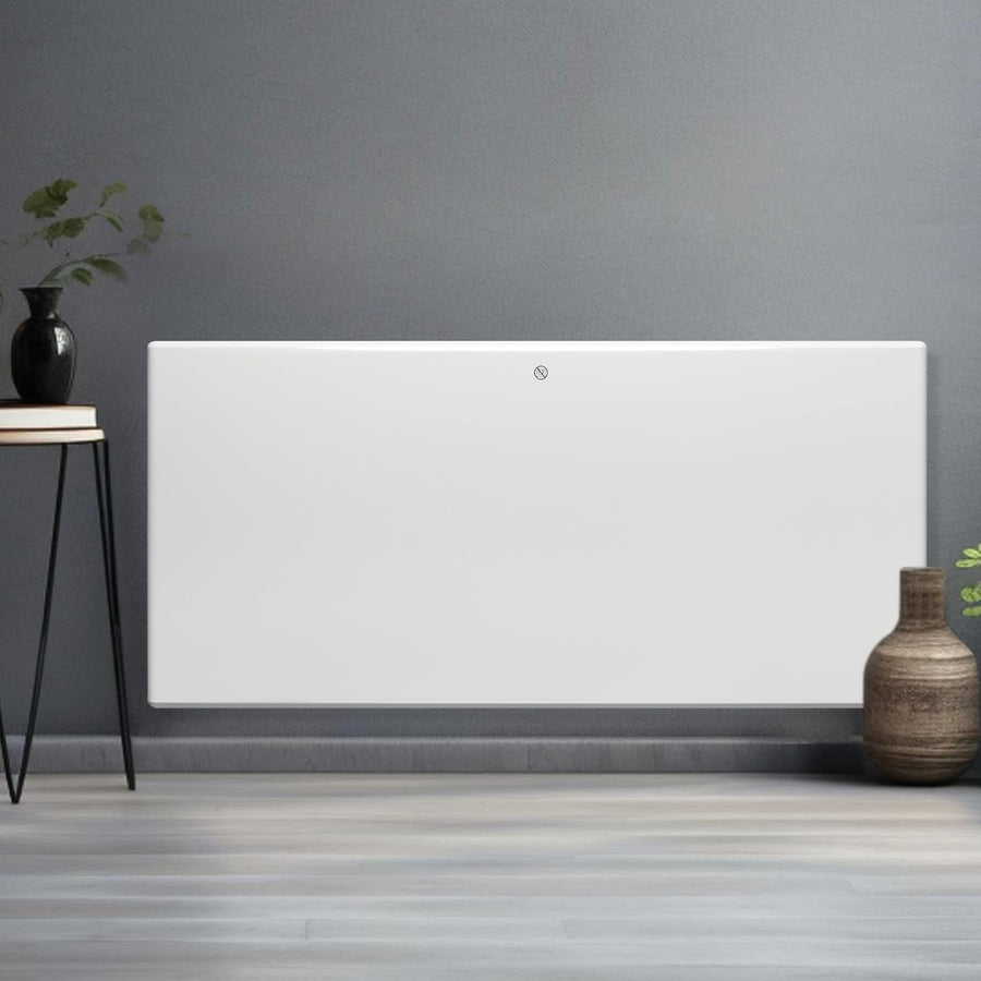 White wall-mounted panel against a gray wall with decorative vases on either side.