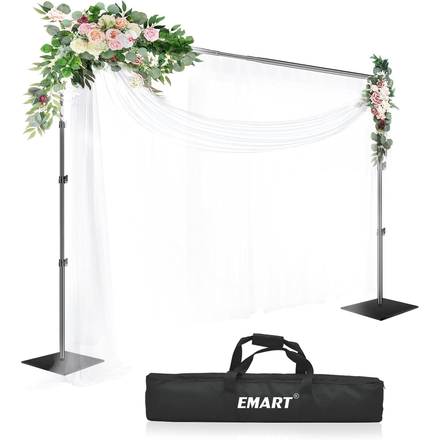 EMART heavy duty black backdrop stand with adjustable support. Includes a retractable crossbar and is set up on a flat surface with a bag in the foreground.