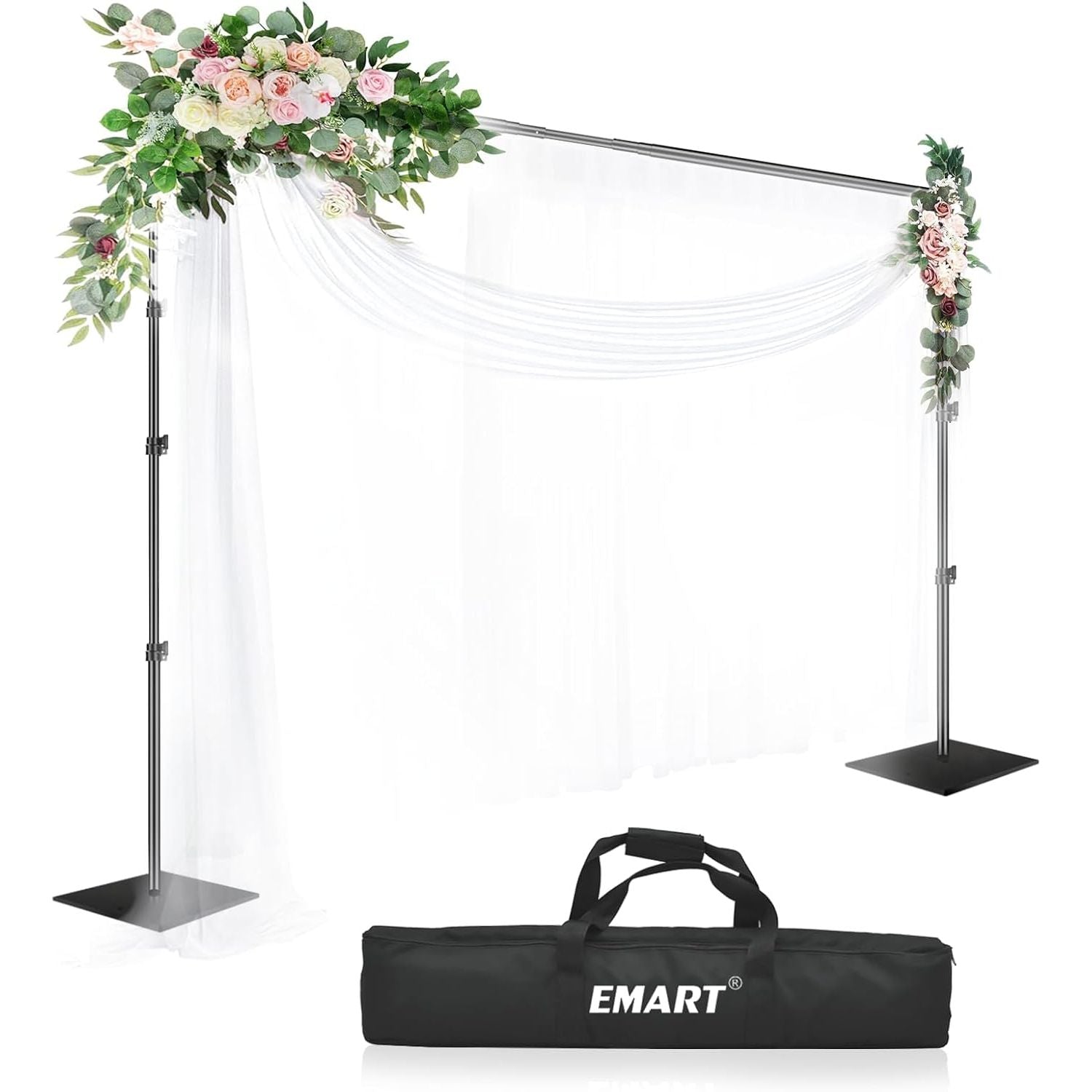 EMART heavy duty black backdrop stand with adjustable support. Includes a retractable crossbar and is set up on a flat surface with a bag in the foreground.