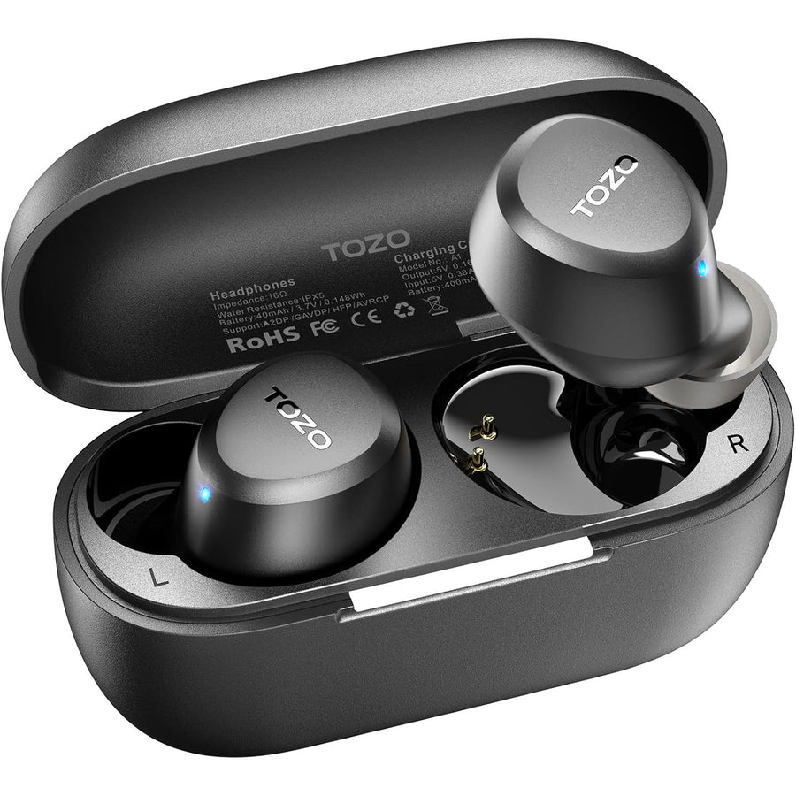 True wireless earbuds with charging case on a white background